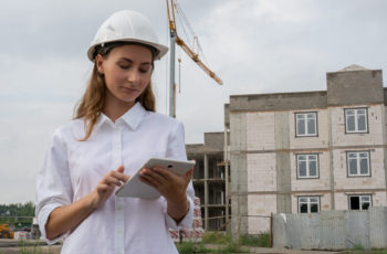 Female civil engineer using a tablet at her workplace on a construction site.